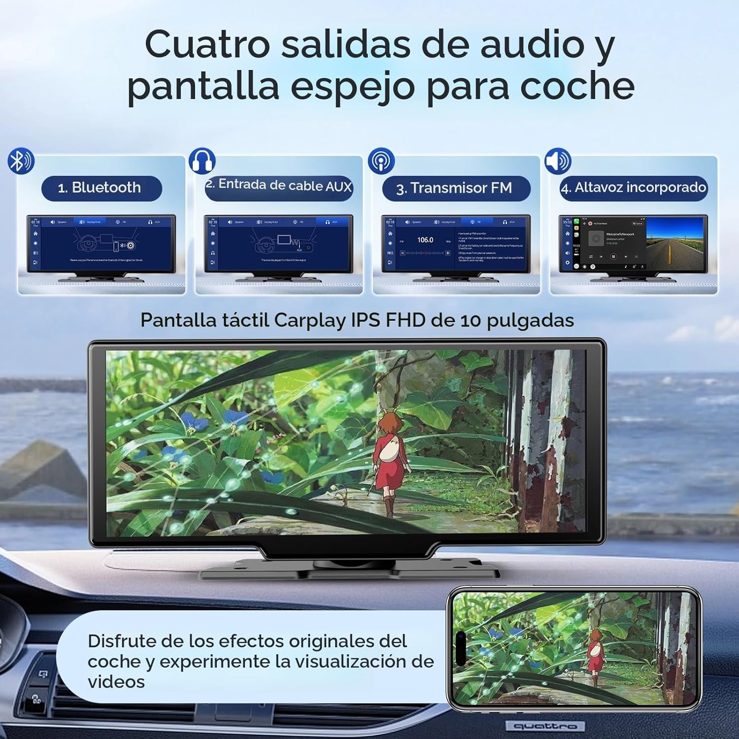Pantalla Carplay portátil inalámbrica para automóvil, Carplay de 11.26 pulgadas